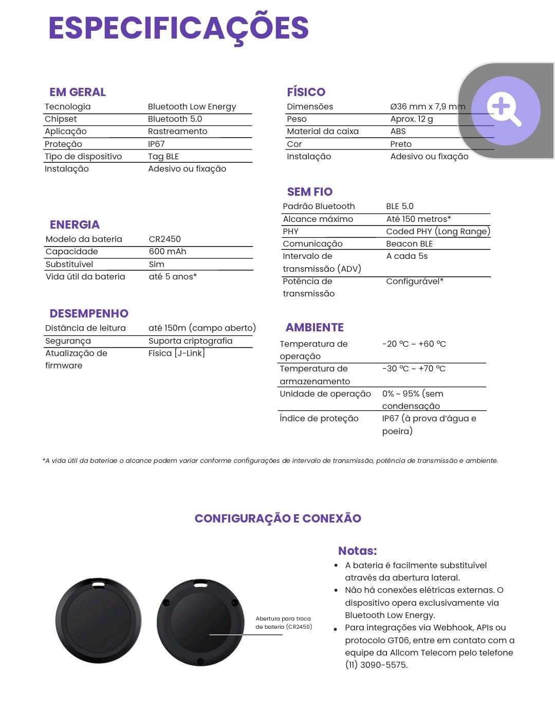 Ficha técnica do Frotalink RP200 — tag de localização com reporte diário, bateria interna, GPS e Bluetooth Low Energy